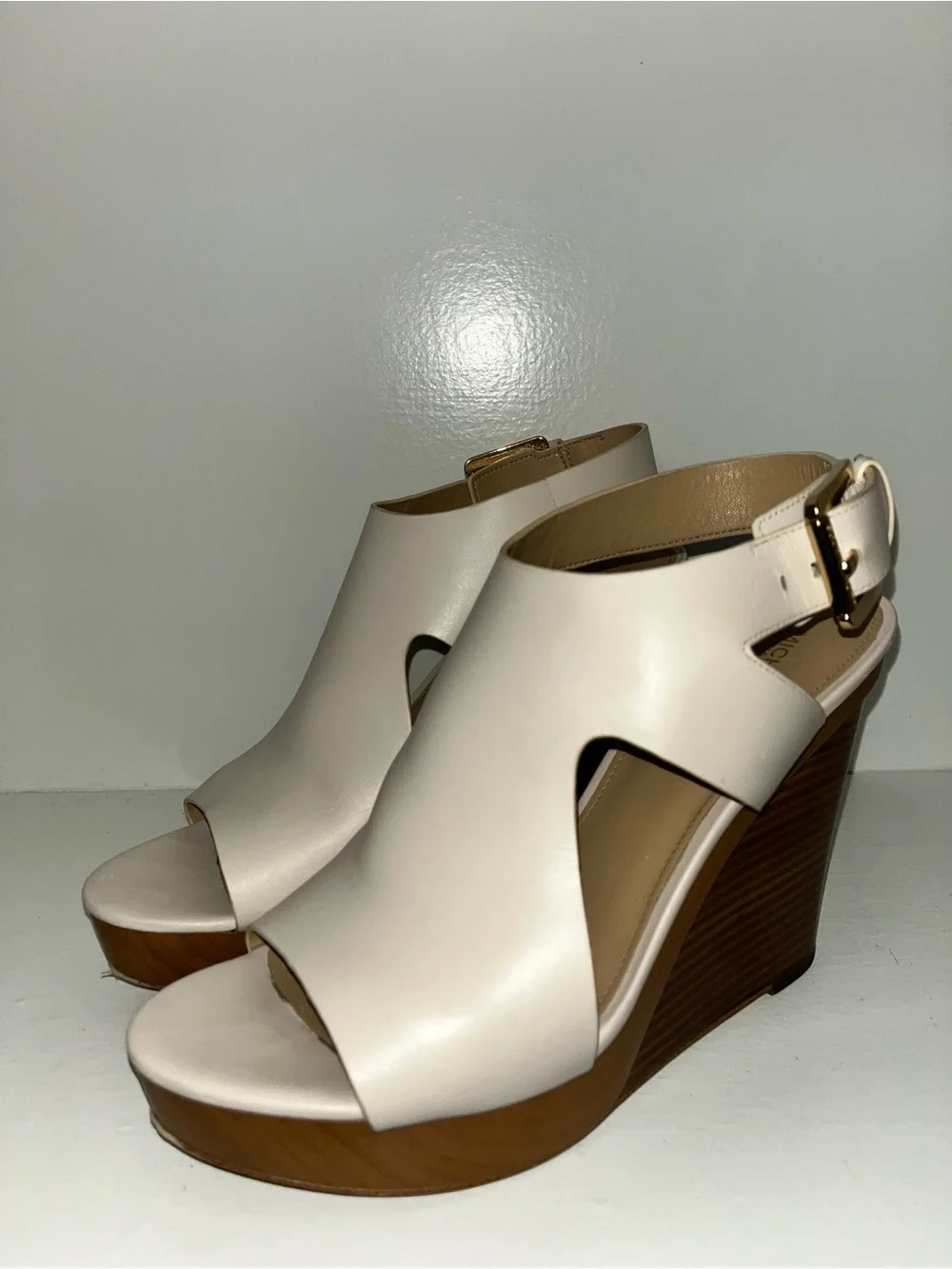 Michael Kors Cream Leather Wedge Sandals with Wood Platform